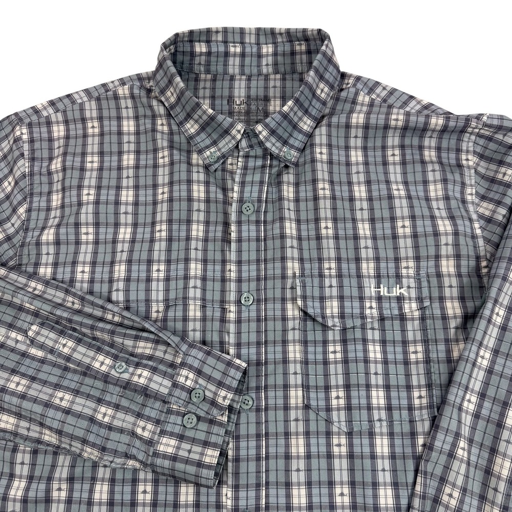 Huk Tide Point Shirt Mens Medium Blue Plaid Performance Fishing Outdoor H1500064